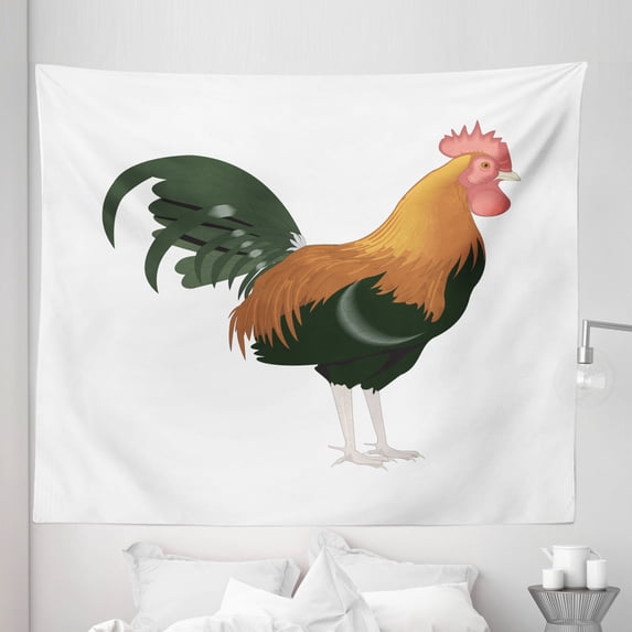 Rooster Tapestry, Funny Cartoon Design Farmland Animal Digital Detailed Rural Bird, Fabric Wall Hanging Decor for Bedroom Living Room Dorm, 5 Sizes, Evergreen Ginger and Coral, by Ambesonne