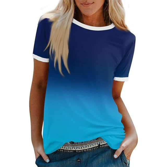 Blusas para las Mujeres Casual, Rayas Impresas Patchwork Manga Corta Cuello Redondo Top Hecho de 95% Poliéster 5% Spandex para el Verano, Tops Cortos para las Mujeres