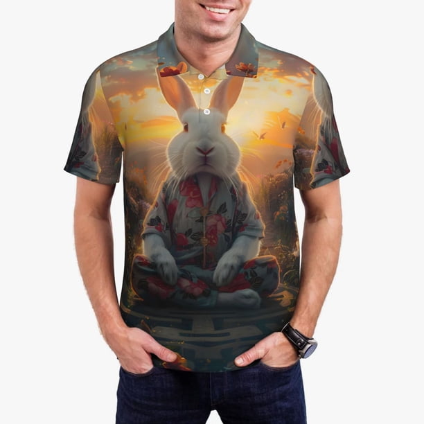Balery Flower Meditating Rabbit Camisa Polo de Hombre con Estampado, de Manga Corta y Tejido Medio, Camisa Tipo Golf Polo-Small