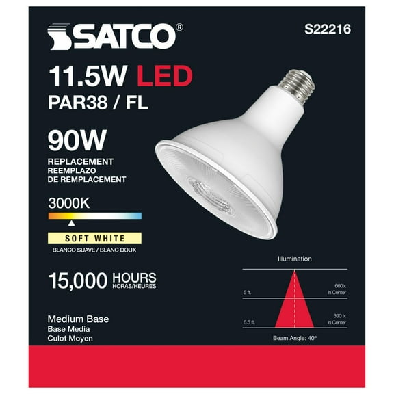 Satco S22216 LED PAR38 Light Bulb 11.5W 120V 3000K 1000L E26 Medium Base Dimmable (6 Pack)