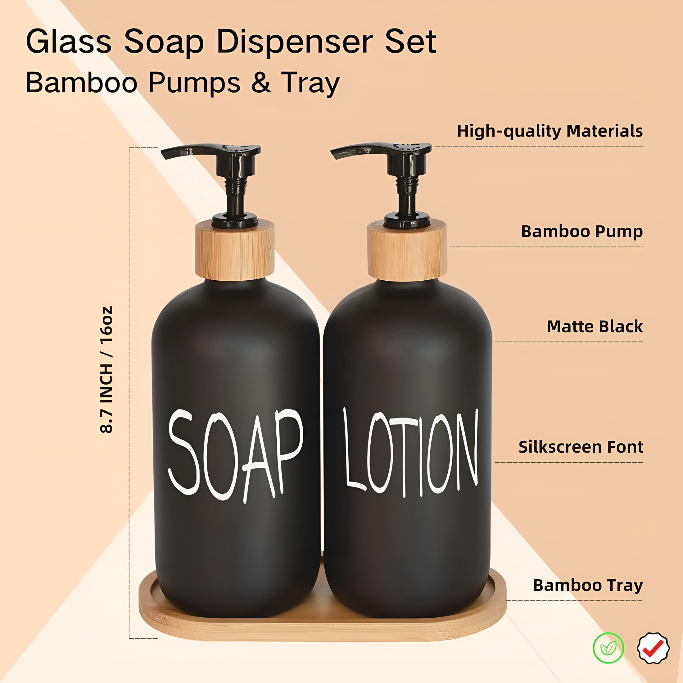 ACDANC Black Soap Dispenser Bathroom Set,Set with Glass Dispenser,Bamboo Pumps & Tray. Hand and Lotion Suitable for Farmhouse Decor