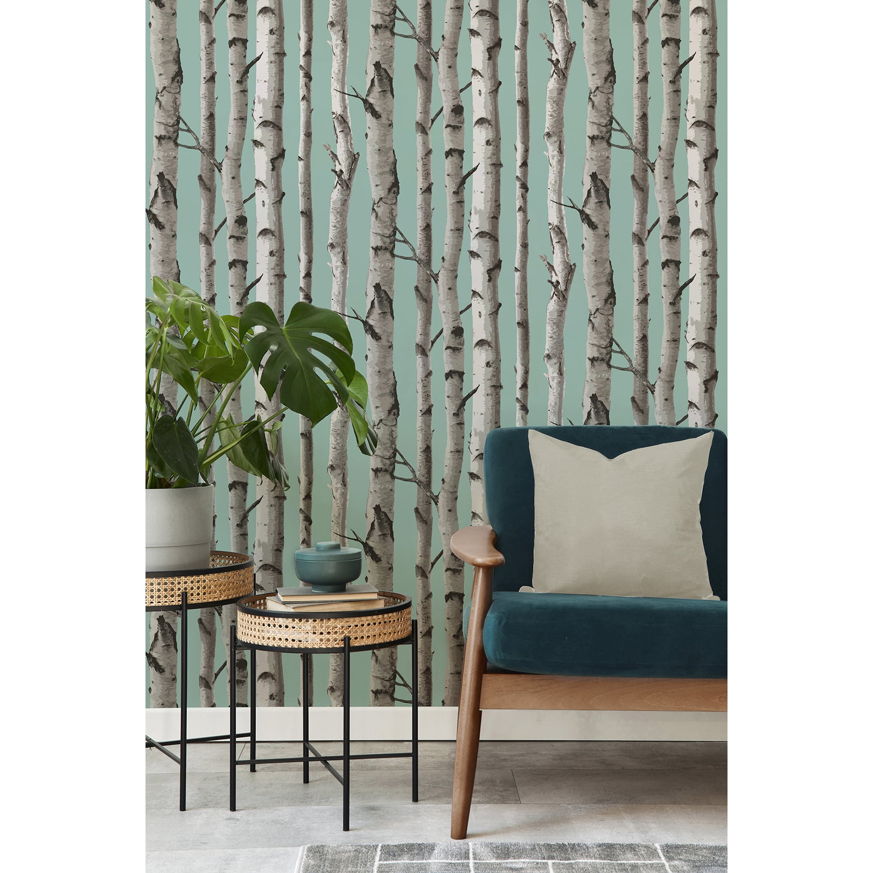 Fine Decor Chester Aqua Birch Trees Wallpaper, 20.5-in by 33-ft