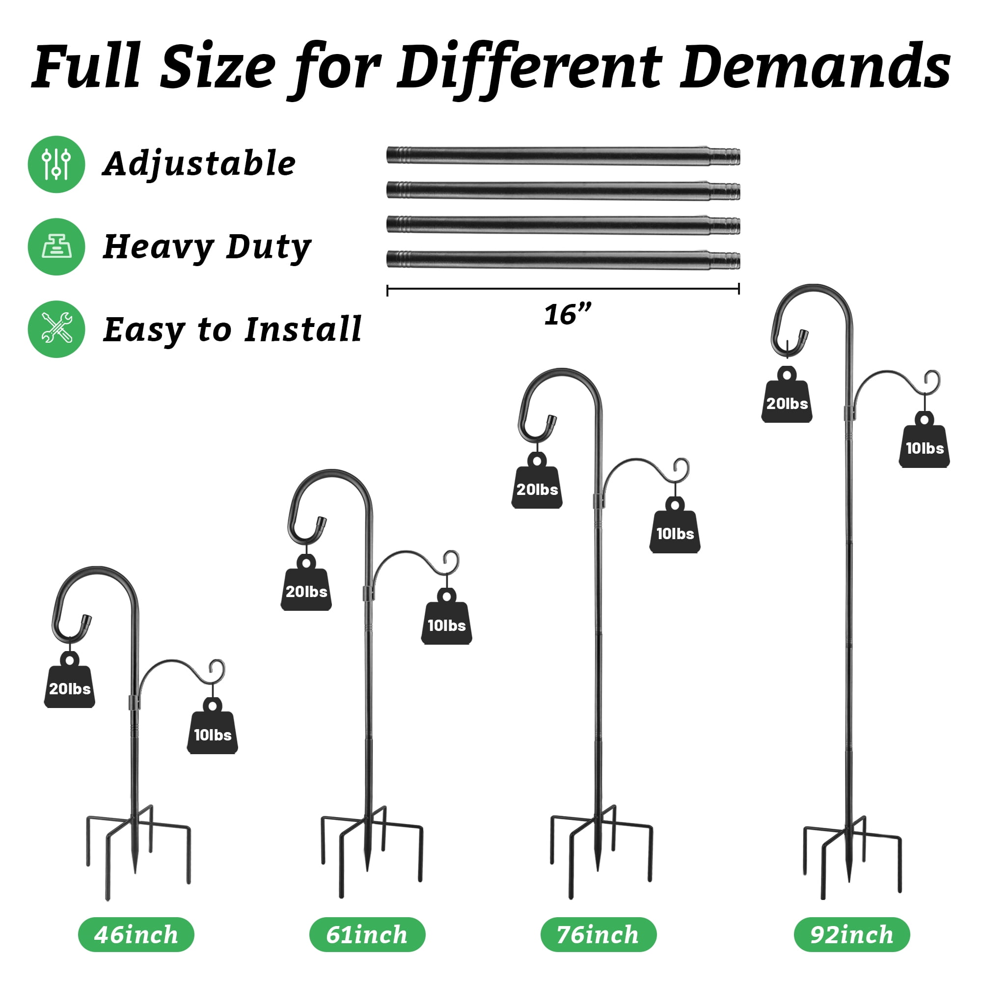 Shepherds Hooks for Outdoor, 92 Inch Heavy Duty Bird Feeder Pole, Garden Pole for Hanging Plants, Lantern, Hummingbird Feeder, Hanging Plant Stand with 5 Base Prongs (2 PACK)