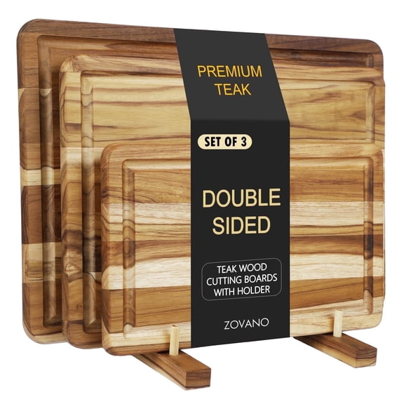 Zovano 3pcs Teak Cutting Board Set with Stand for Kitchen, Wood Chopping Boards with Deep Juice Groove, Charcuteire Butcher Block Gift