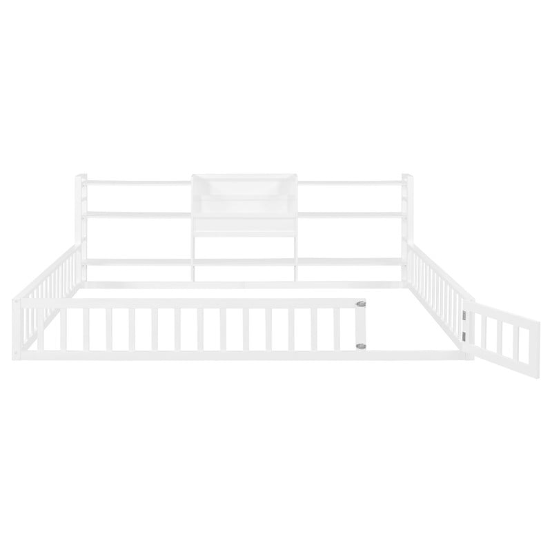 Queen Size Floor Bed Montessori Bed with Integrated Bookcase and 3-Tier Storage Shelves, Wooden Low Profile Toddler Bed Platform Bed with Safety Guardrails for Boys Girls