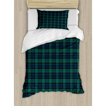 Tartan Duvet Cover Set Twin Size, Traditional Quilt Design Scottish Folklore Elements Plaid Pattern, 2 Piece Bedding Set with 1 Pillow Sham, Dark Green Black Dark Blue, by Ambesonne