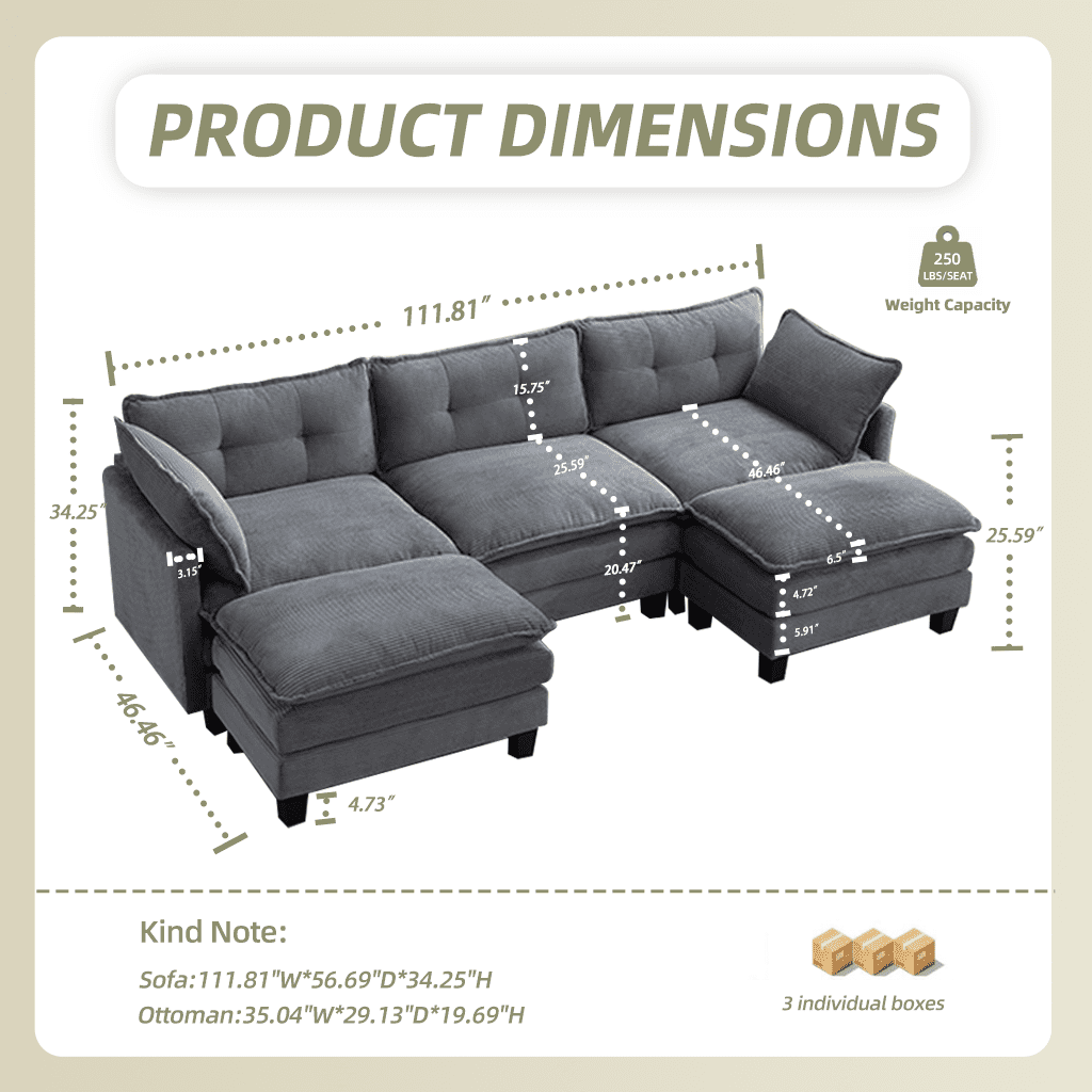 AIKEMING 112" U-Shaped Cloud Couch, Oversized Modular Sectional Sofa with 3-Seater AIKEMING Comfy Couch and 2 Movable Ottomans for Living Room, Grey
