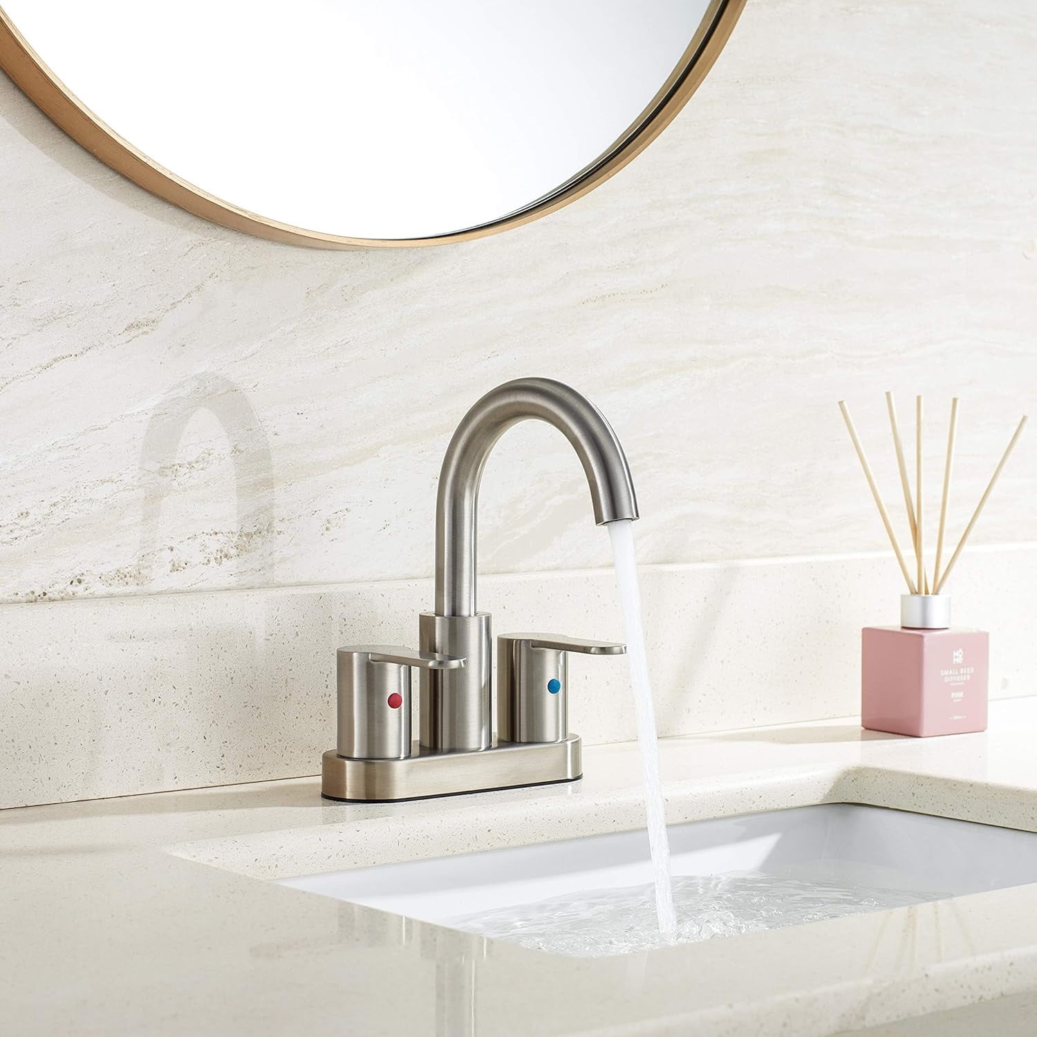 2 Handle Centerset Bathroom Sink Faucet Brushed Nickel with Drain Assembly, High Arc Modern 4 Inch Bathroom Vanity Lavatory Faucet 3 Holes with Brass 360° Swivel Spout,