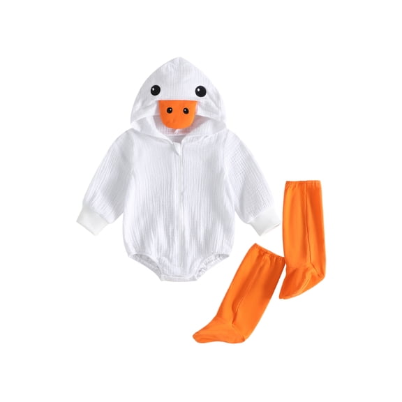 RUINIXCW Baby Girls Halloween Costume Long Sleeve Hooded Duck Romper with Stockings