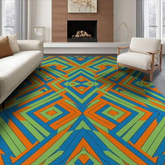 ODIKA 8'x10' Washable Area Rug Durable, Non-Slip Geometric Retro Abstract Prism Bold Vibrant Mid Century Striped Playful for Living Room, Under Sectional, Family