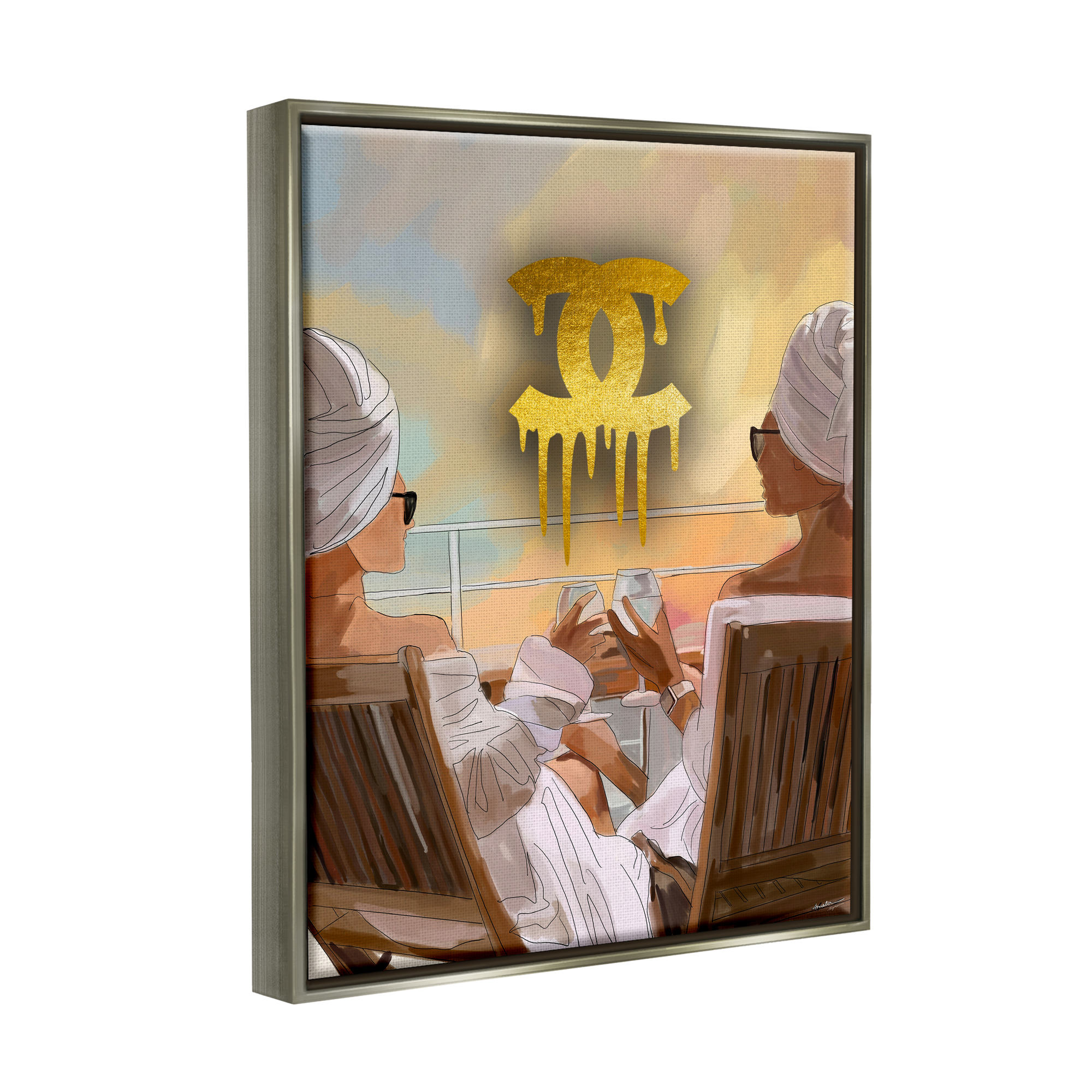Stupell Industries Glam Girls & Wine Beauty & Fashion Painting Gray Floater Framed Art Print Wall Art, 17 x 21