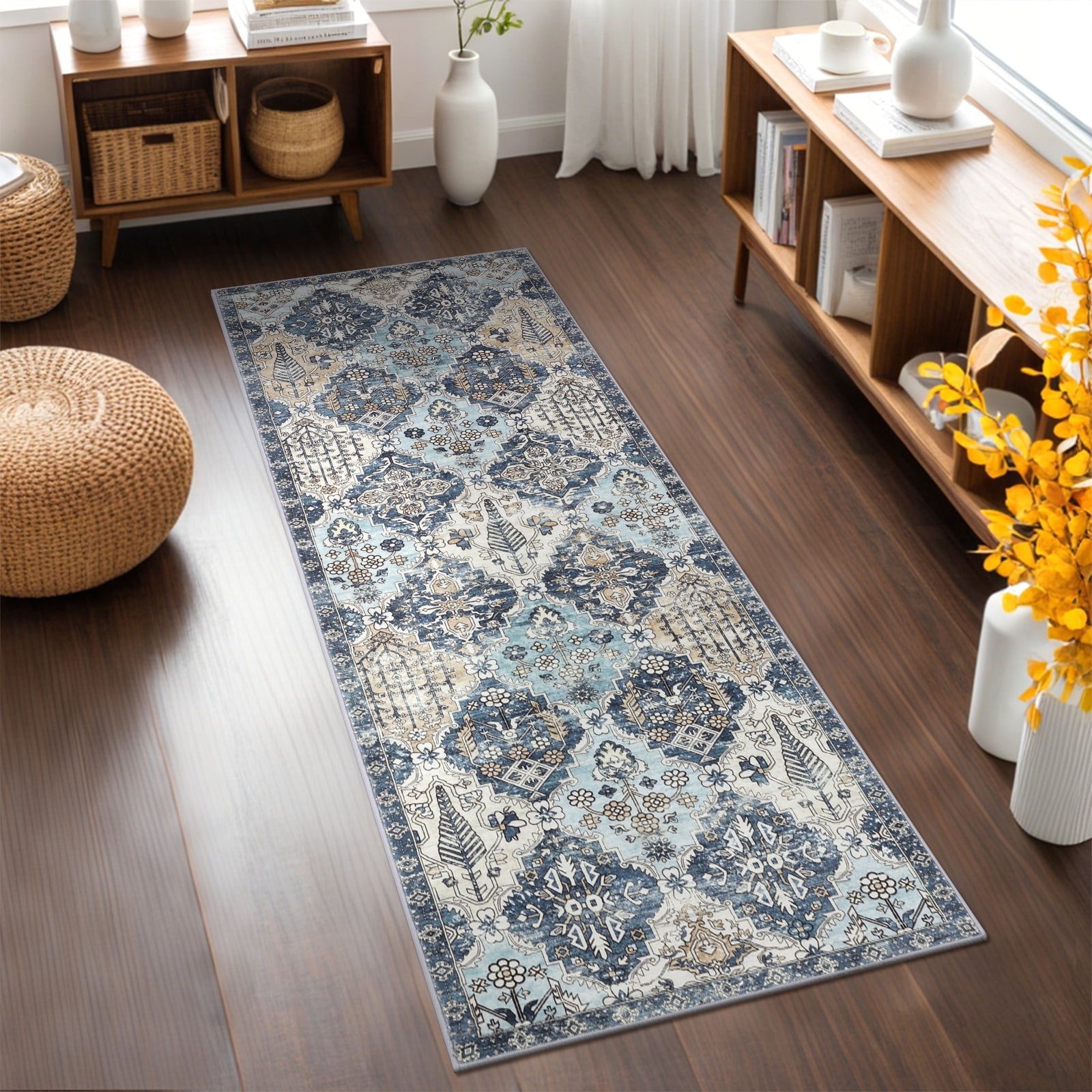 MeyJey 2'x6' Vintage Hallway Runner Rug, Oriental Non Slip Runner Rug Machine Washable Area Rug for Living Room Bedroom Carpet, Blue/Navy/Beige