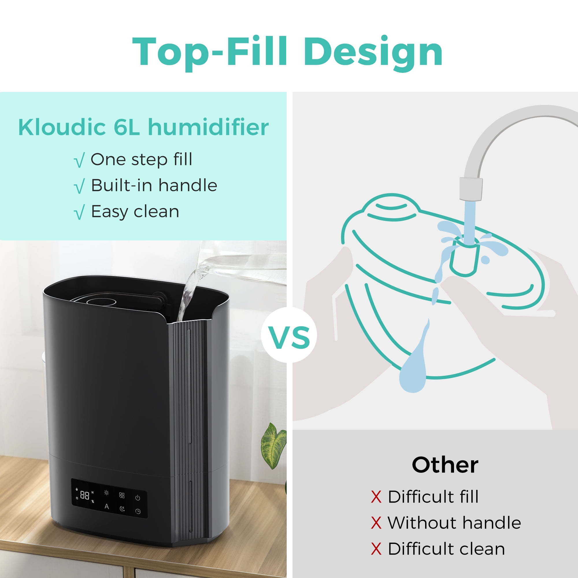 KLOUDIC Top-Fill 6L Cool Mist Large Humidifier for Home Air Vaporizer with Humidistat and Timer