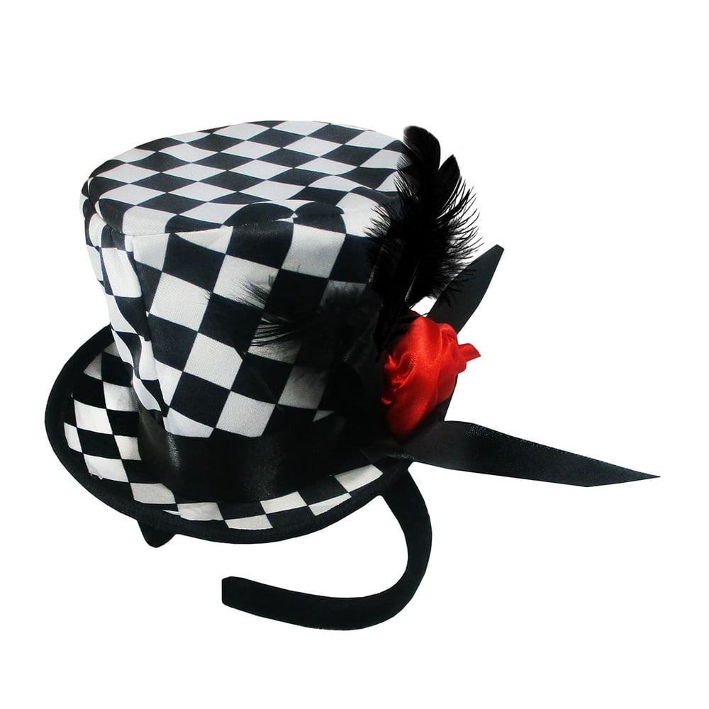 Adults Mini Checkered Top Hat Headband With Rose Feathers