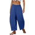 thumbnail image 2 of Roncen Womens Faux Linen Wide Leg Boho Pants Summer Palazzo Casual Loose Elastic Waist Baggy Trousers Beach Vacation Pockets, 2 of 6