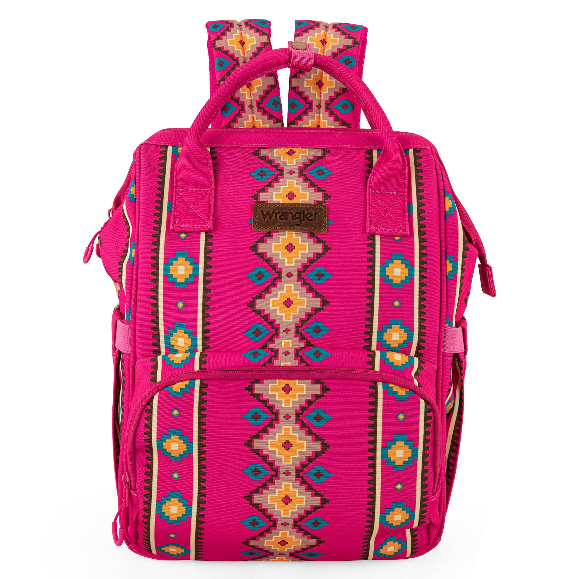 Wrangler Aztec Travel Backpack Baby Bag for Women with Stroller Strap and Side Bottle Pockets Organized Diaper Bag, Hot Pink