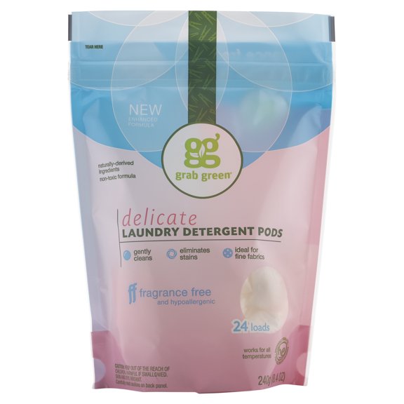 Grab Green Delicate Laundry Detergent Pods, 24 Count, Fragrance-Free, Plant and Mineral Based