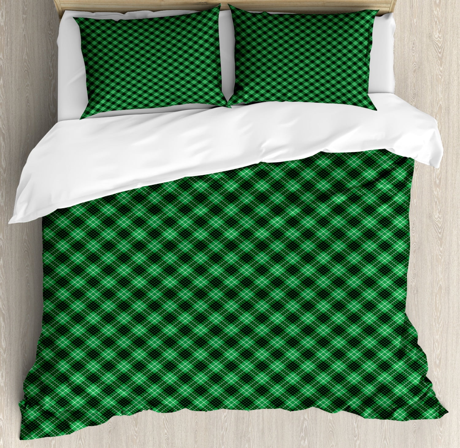 Plaid Queen Size Duvet Cover Set, Diagonal Tartan Vibrant Green Color