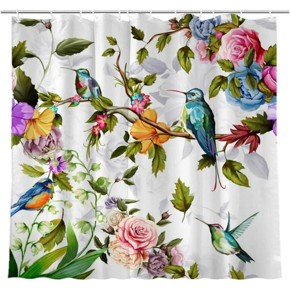 Hummingbird Shower Curtain for Bathroom, Spring Flower Green Leaves Shower Curtain Set Home Bathroom Decor Art Waterproof Fabric Bathtub Curtain with 12 Hooks 72x72 inches