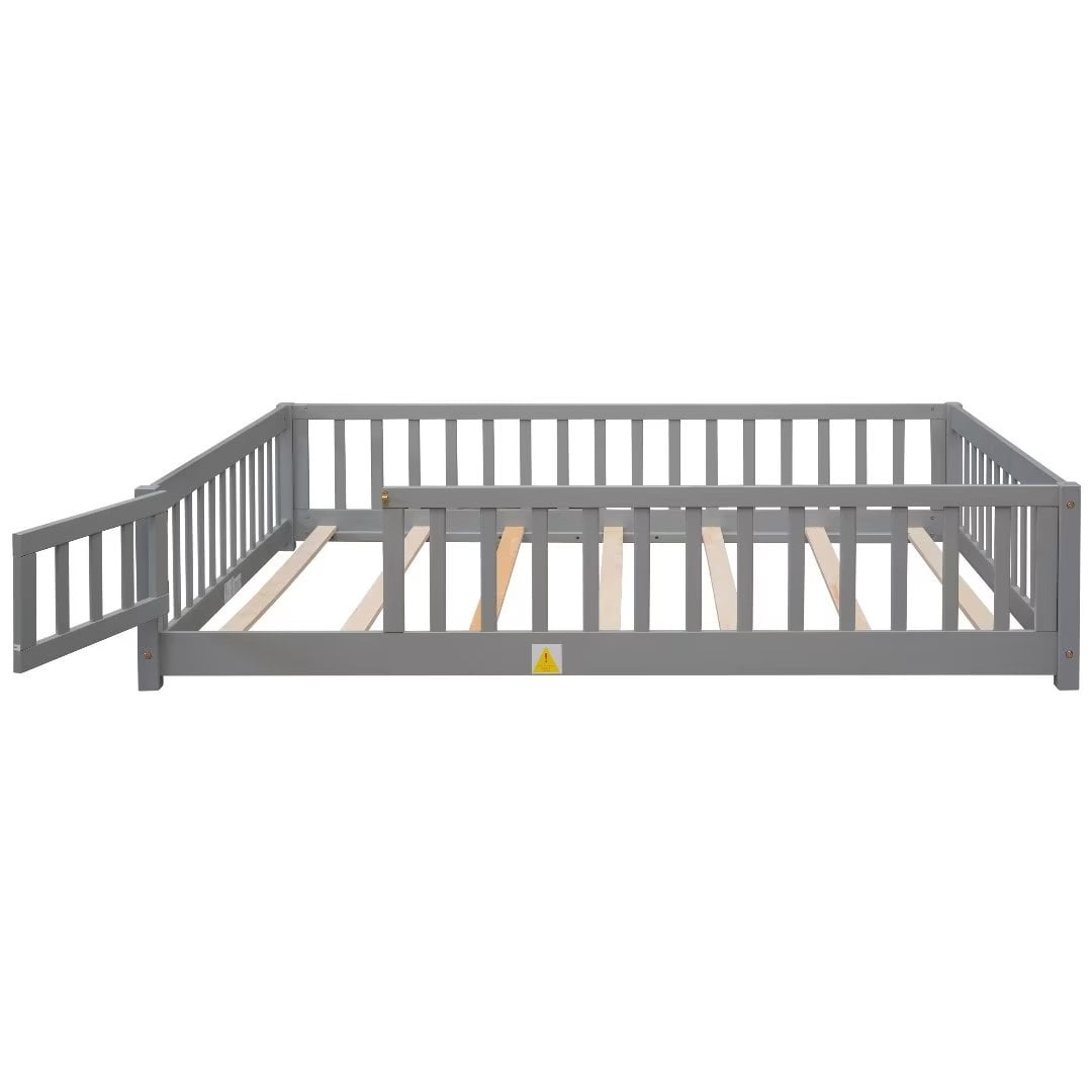 Full Size Floor Platform Bed with Fence and Small Door, Wooden Bed Frame with Wood Slat Support, Mattress Base, Safety Bed Frame for Boys Girls Bedroom, No Box Spring Needed, Easy Assembly, Grey