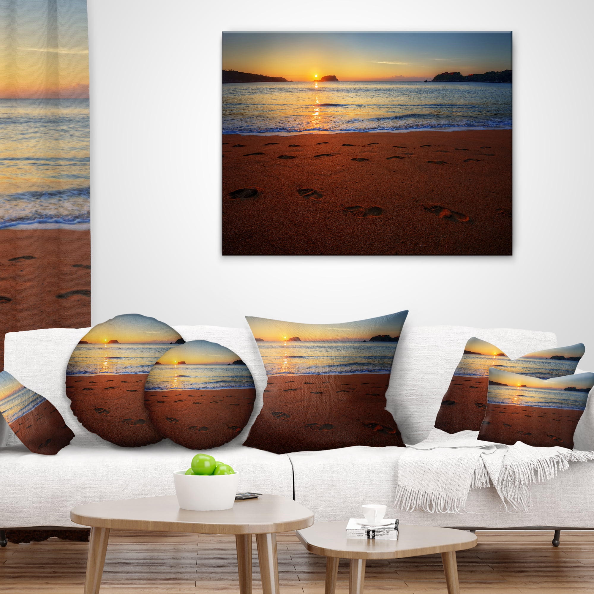 Designart Foot printed Sandy Ocean Beach - Seashore Throw Pillow - 12x20
