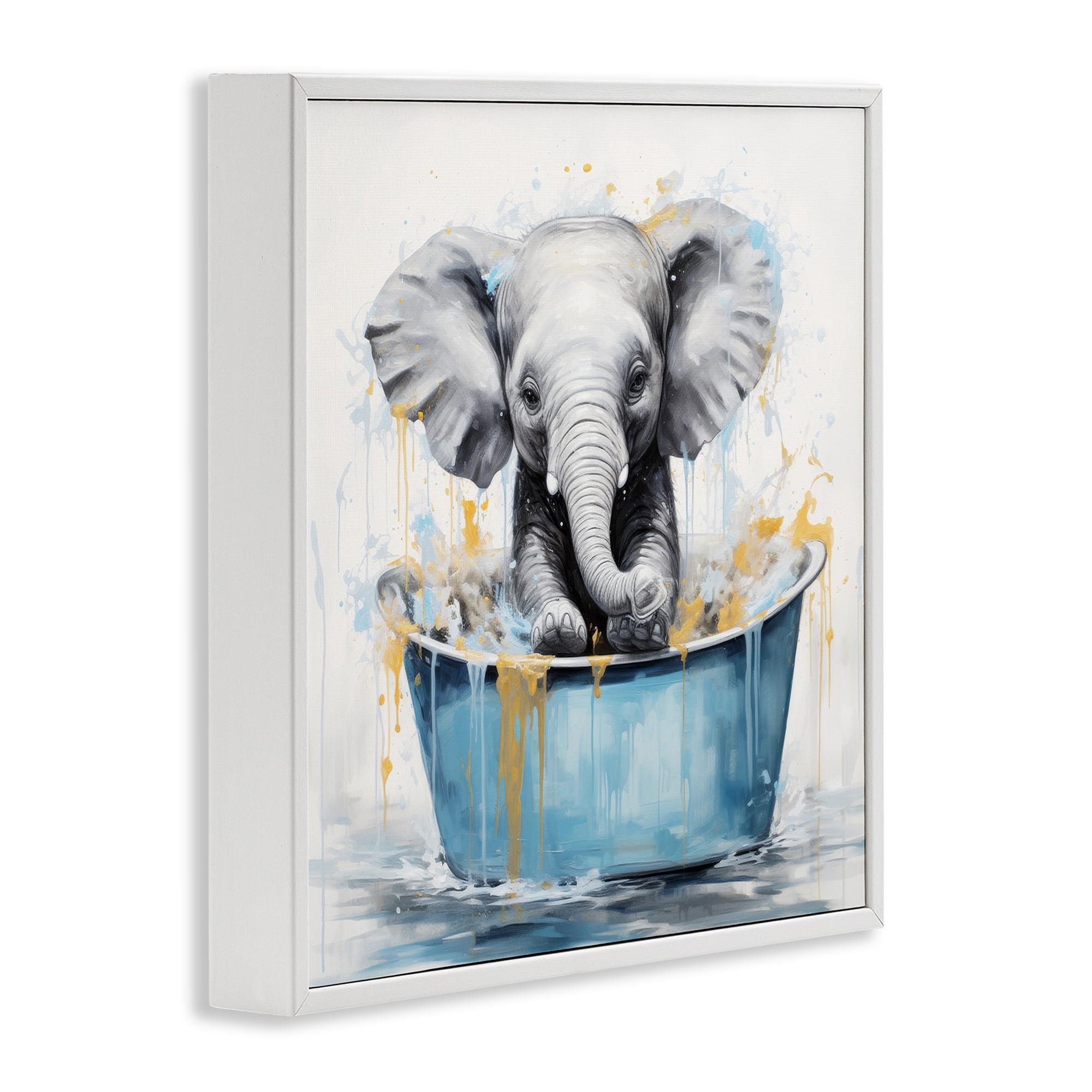 Stupell Industries Bathing Baby Elephant Typography Painting White Framed Art Print Wall Art, 17 x 17