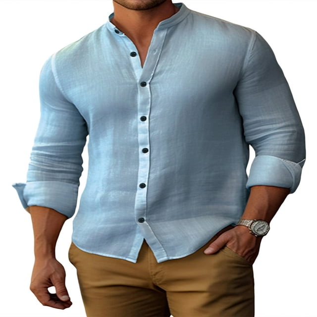 PENGXIANG Classic Buttoned Henley Shirt for Men with Retro Cotton Linen Fabric