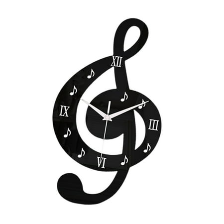 Modern Acrylic Analog Black Wall Clock With Musical Note Shape Roman Numerals Quiet Movements Easy Installation
