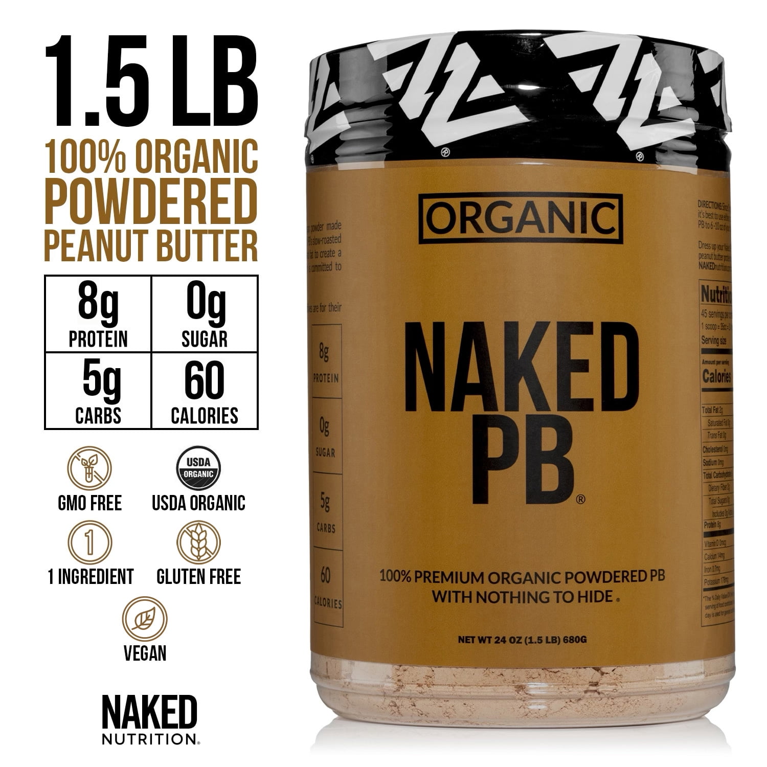 Organic Powdered Peanut Butter from small dairy farms – Bulk, Only 1 Ingredient - Roasted Peanuts, Vegan, No Additives, Preservative Free, No Salt, No Sugar - 45 Servings - NAKED PB