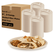 Karat Earth 3 Compartments, 9'' Paper Round Plates, Molded Fiber, Natural - 500 pcs