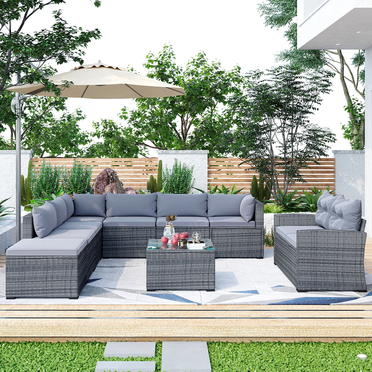 Kadyn 9-piece Outdoor Patio Large Wicker Sofa Set, Rattan Sofa Set for Garden, Outdoor Conversation Set with Cushions & Coffee Table, Gray Kadyn 9-piece Outdoor Patio Large Wicker Sofa Set, Rattan Sofa Set for Garden, Outdoor Conversation Set with Cushions & Coffee Table, Gray
