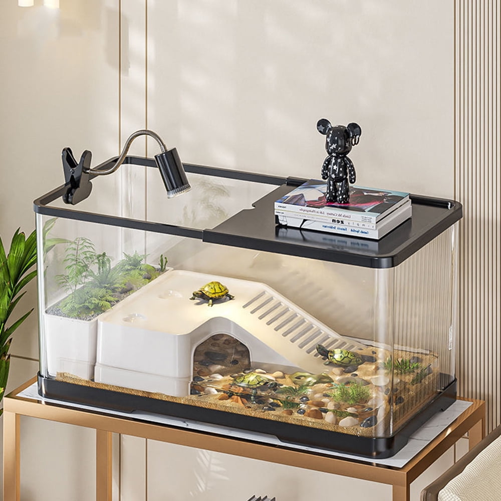 Rechale Turtle Tank, Turtle Aquarium with Basking Platform and Bottom Drainage,Basking Lamp & 9-in-1 Starter Kit (Decorative Plants Included) for Turtles, Crayfish, Crabs, Amphibians, Reptiles