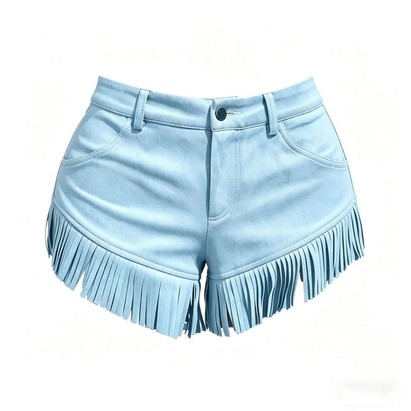 TEAJOPSUU Womens Retro Western Shorts High Button Waist Fringe Faux Suede Summer Shorts with Pockets Sky Blue