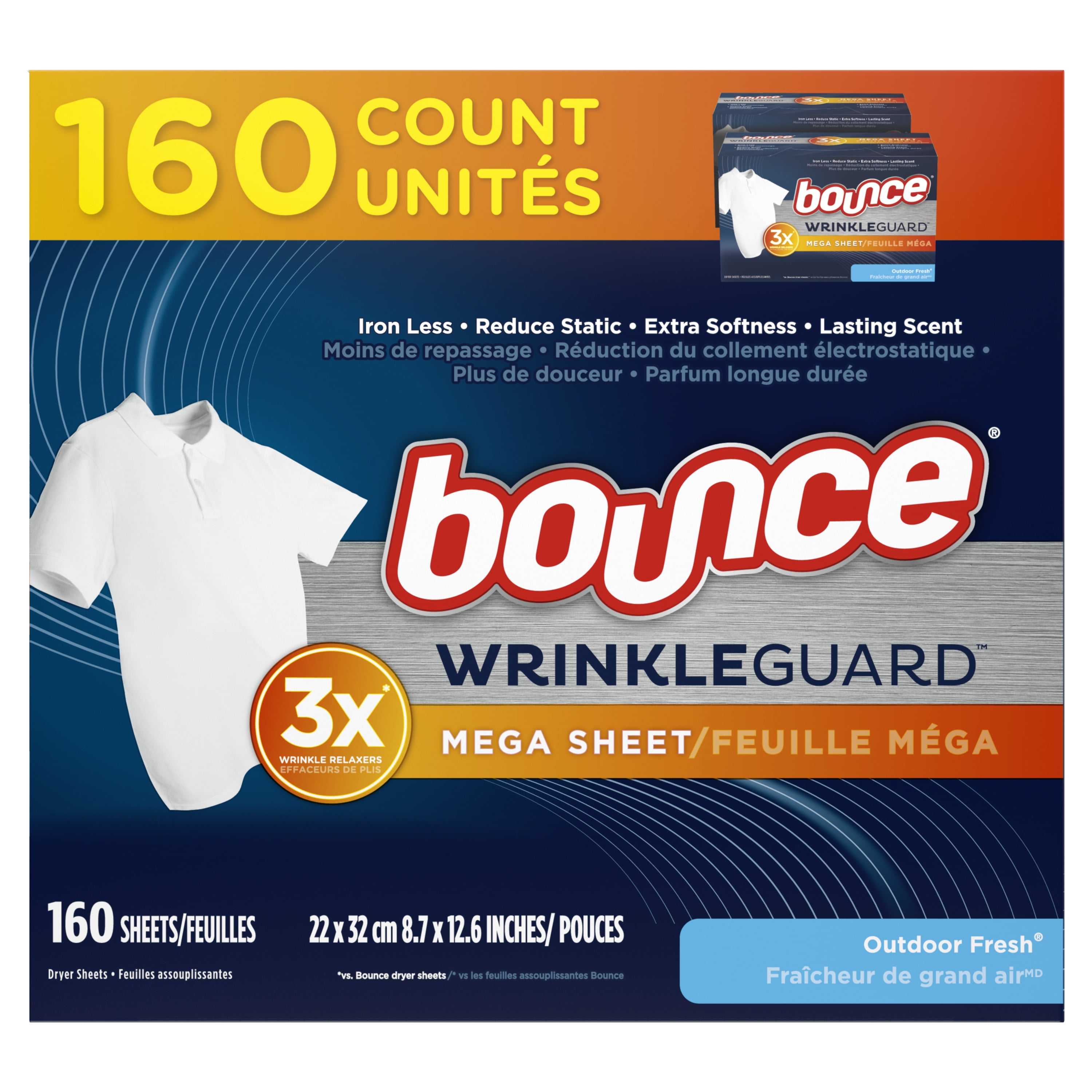 Bounce Wrinkle Guard Mega Dryer Sheets, Outdoor Fresh Scent, 160 Count