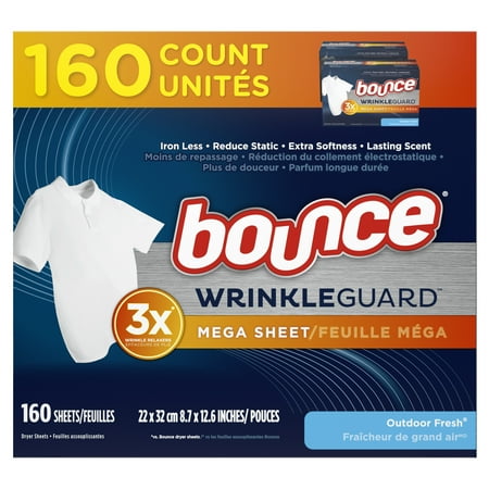 Bounce Wrinkle Guard Mega Dryer Sheets, Outdoor Fresh Scent, 160 Count