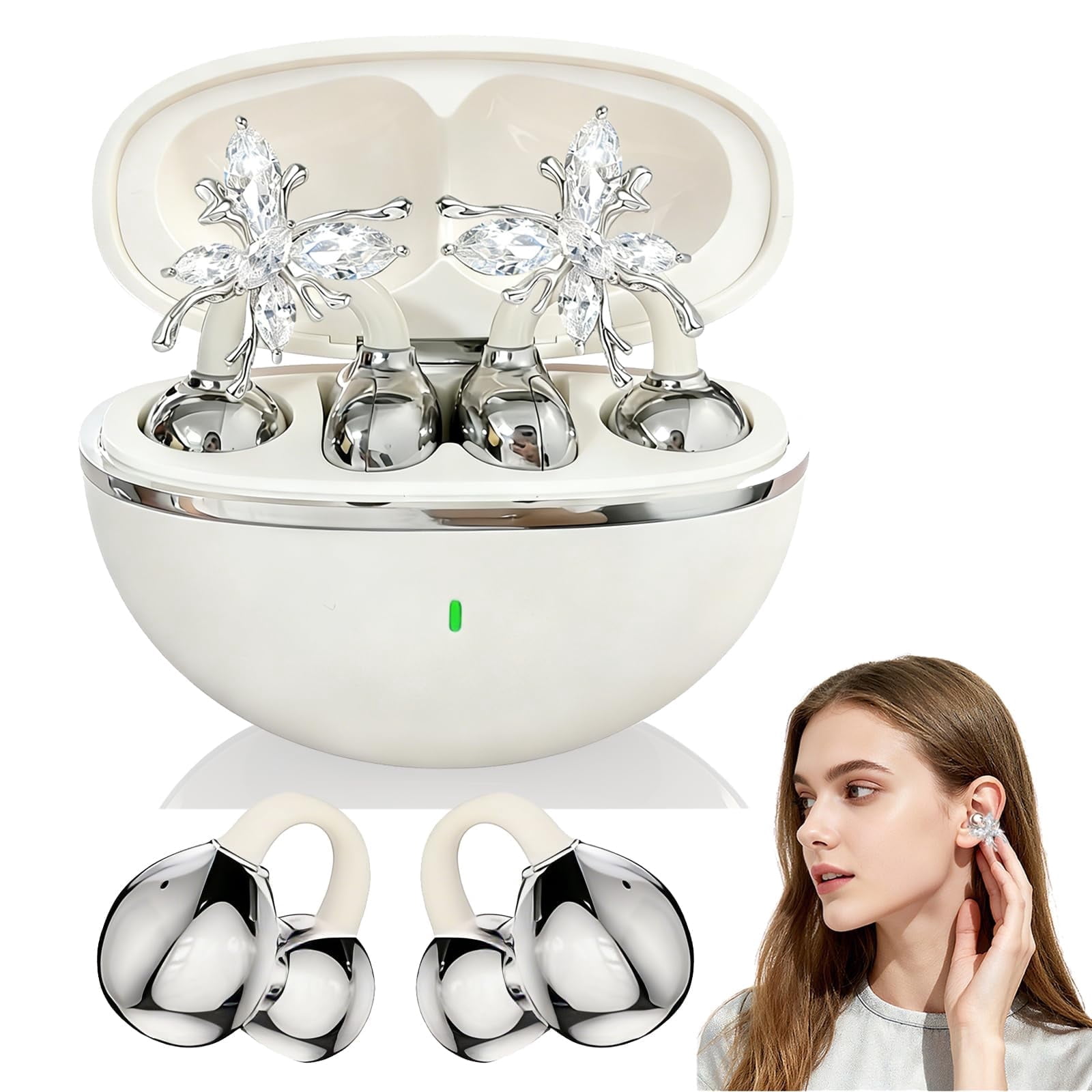 Open Ear Earbuds Clip On Wireless Bluetooth 6.0 Headphones With Mic, Detachable Butterfly Earrings, 50H Playtime Lightweight 4g Comfort Fit For Sports