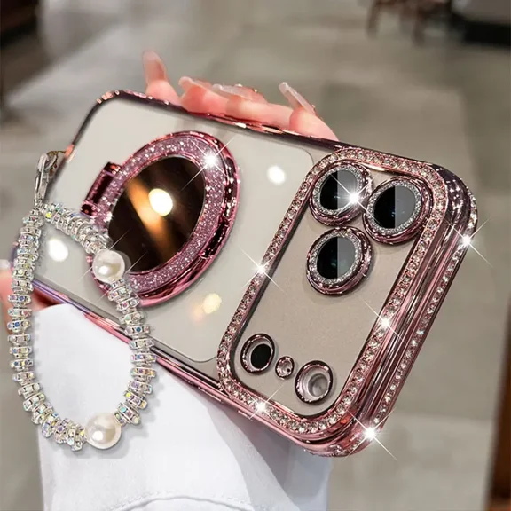 Women's Phone Case with Mirror & Stand for iPhone 12/13/14/15/16/17 Pro Max,17Air,14/15/16 Plus. Features a shiny frame, high-definition transparent material, and full-body drop-resistant design.