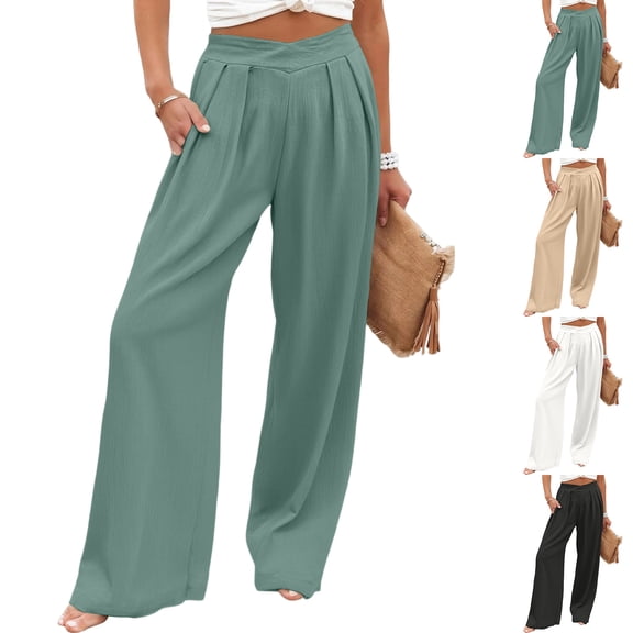 Dresfit Palazzo Pants Women Wide Leg Linen Beach Slacks 2026 Summer Stretch Lounge Pant Flowy Loose Business Trousers with Pockets Mint Green M