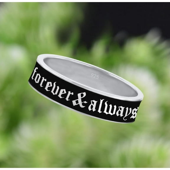 4mm Wide Forever & Always Black Enamel Band Ring | Promise Ring | Anniversary Ring | Stacking Band | Gift for Her/Him - 925 Sterling Silver