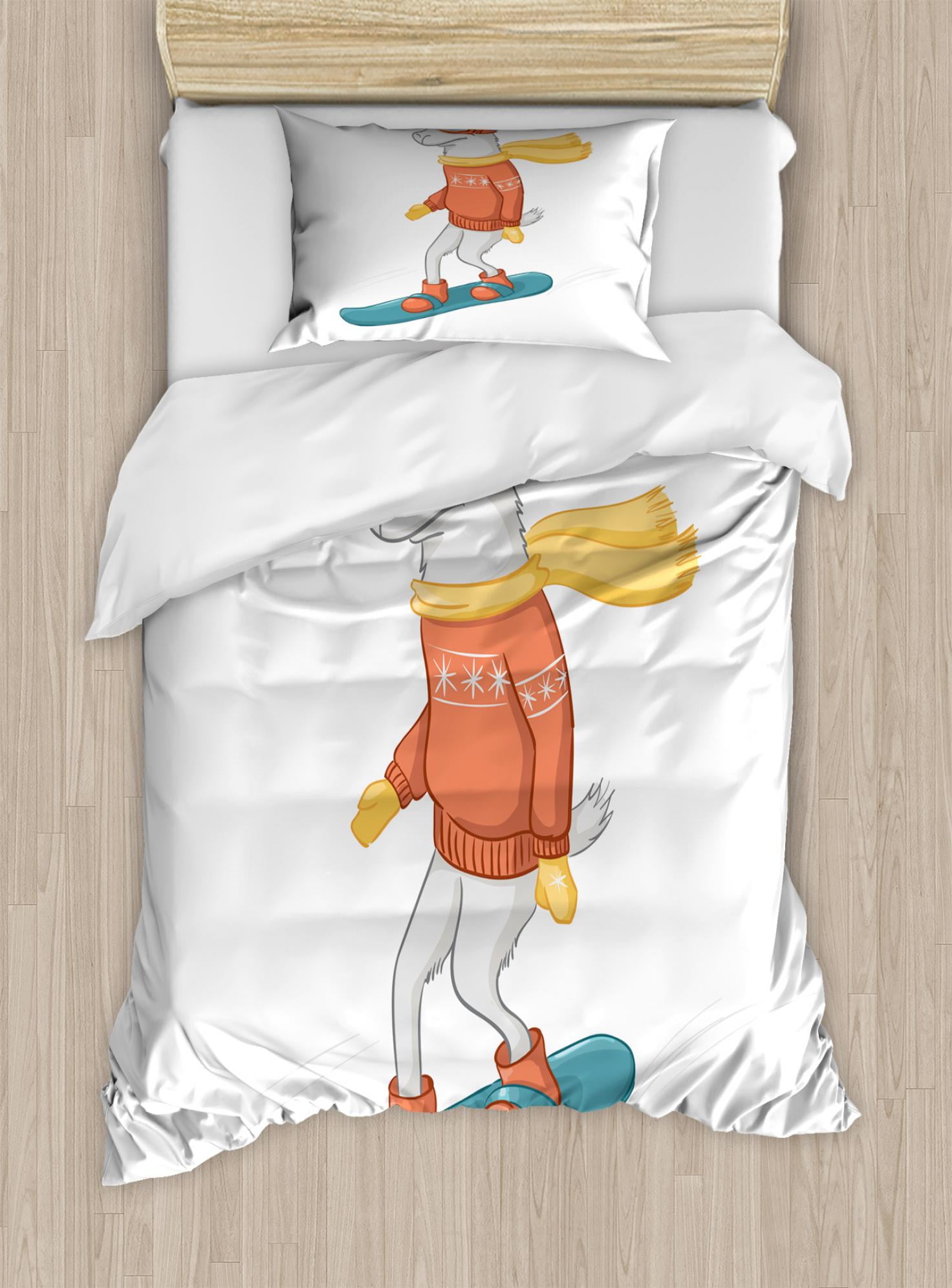 Goat Duvet Cover Set Twin Size Cartoon Figure On A Snowboard Goat Duvet Cover Set Twin Size Cartoon Figure On A Snowboard Wearing Pullover Scarf And Goggles In Winter Season Decorative 2 Piece Bedding With