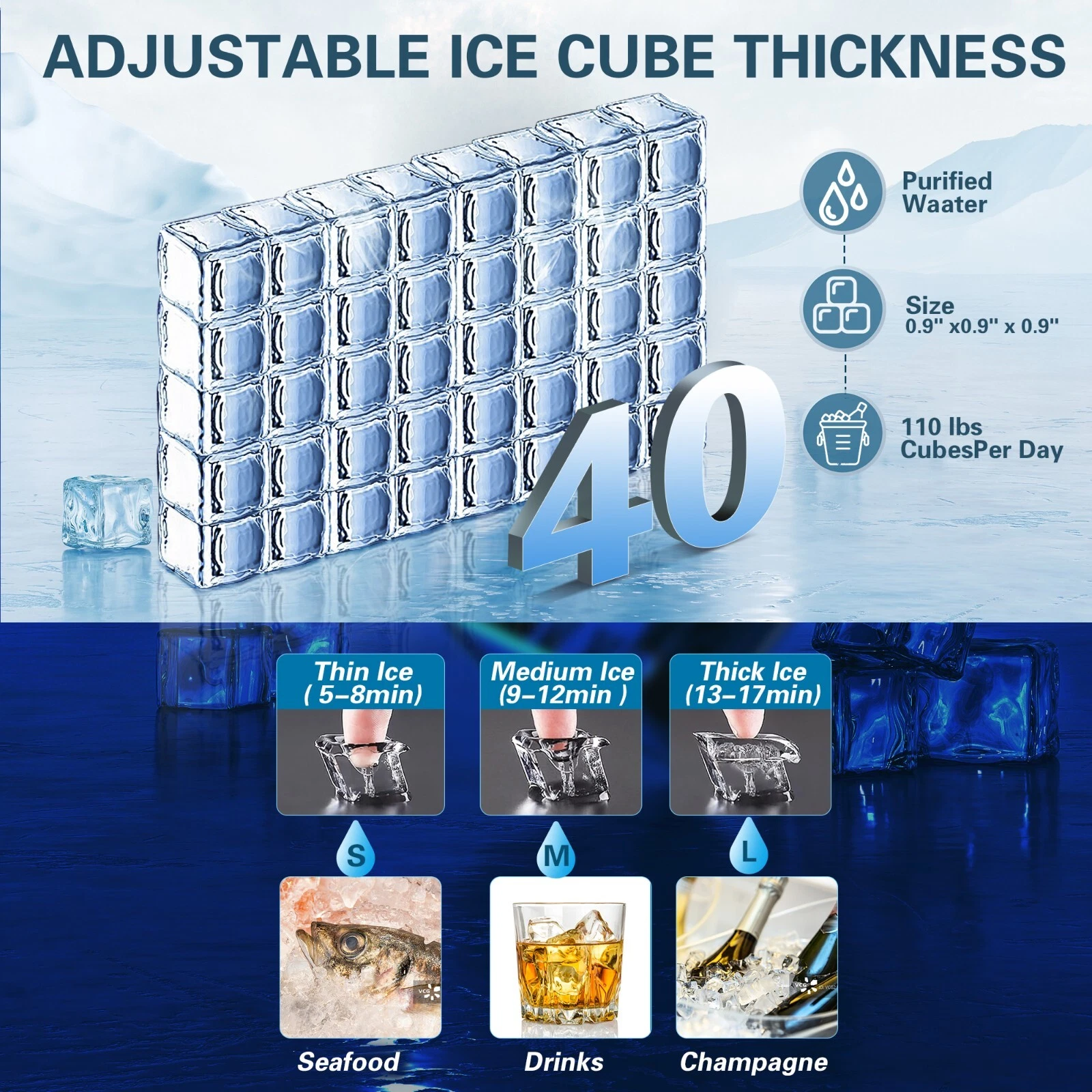 Commercial Ice Maker 120lb Stainless Steel Bar Restaurant Built-in Ice Cube Machine 120LBS/24H Commercial Ice Maker Machine, Freestanding Stainless Steel with Adjustable Ice Thickness & LCD Control,4
