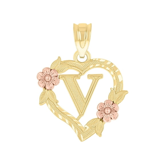10k Two-Tone Gold Womens Heart Flower Initial Letter V Charm Pendant