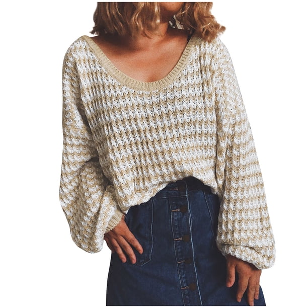 Gibobby Suéteres de invierno de punto Suéter para mujer Cuello en V Manga larga Casual Bloque de color Punto Vacaciones Invierno Suelto Jumper Tops (Caqui, L)