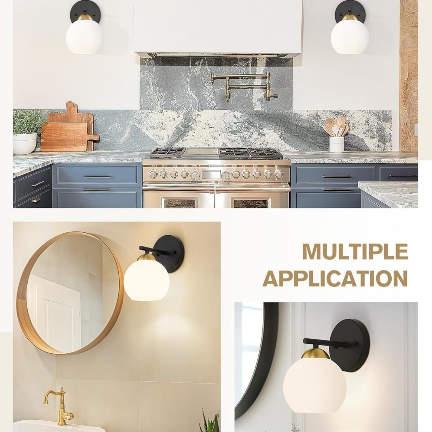 Modern Sconces Wall Decor Set of 2, Black Gold Bathroom Vanity Light with Milk Glass Shade, Globe Wall Lamp for Living Room, Pictures, Bedroom, Bathroom, Hallway