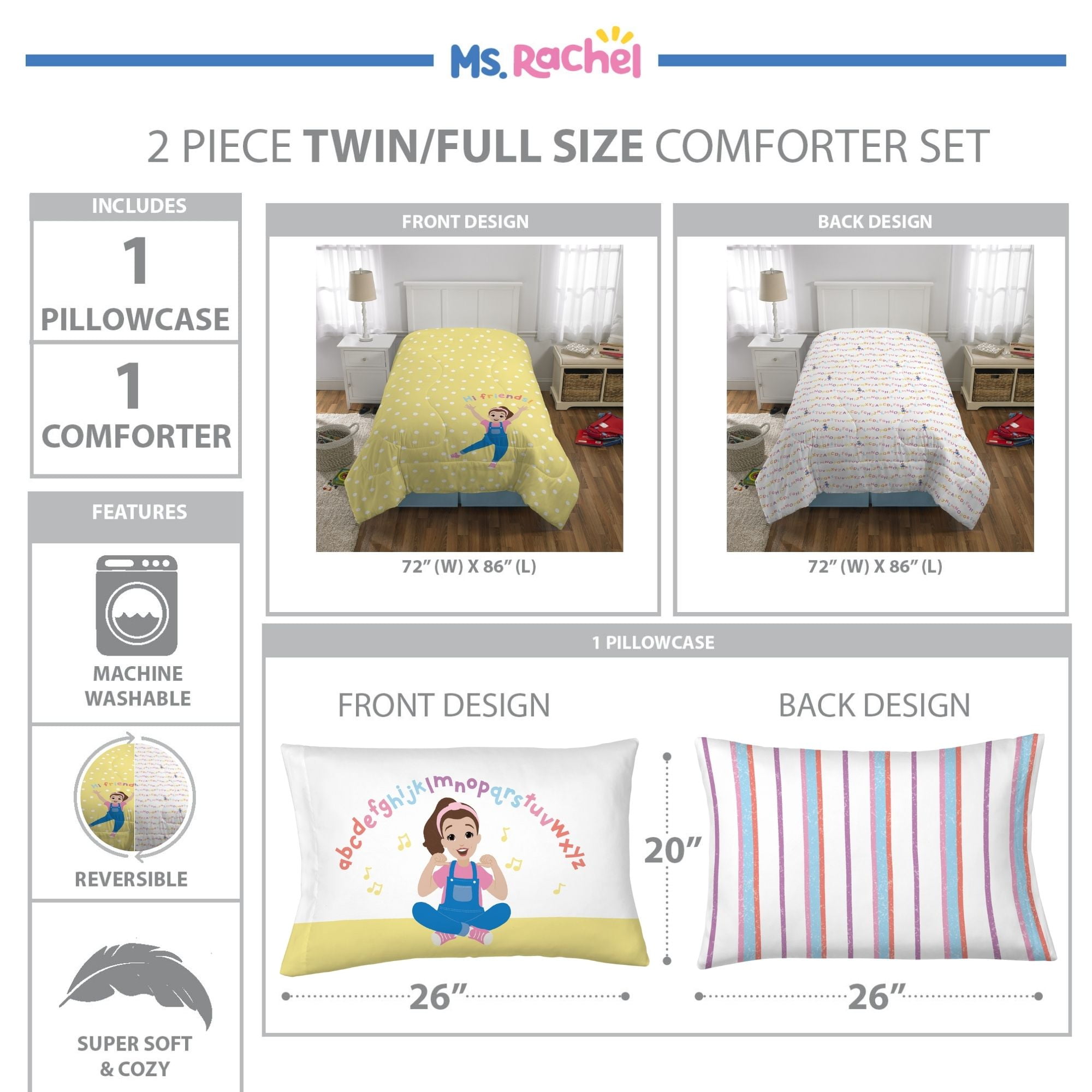 Ms. Rachel Kids Comforter and Pillowcase, 2-Piece Set, Twin/Full, Reversible