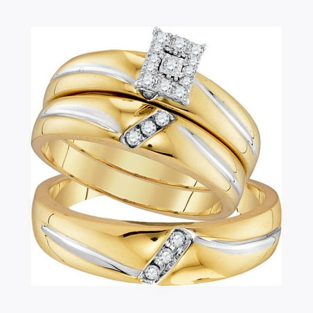 - 10K Yellow Gold 0.21ct Shiny Pave Diamond Fashion Center Rectangle Trio Set Ring