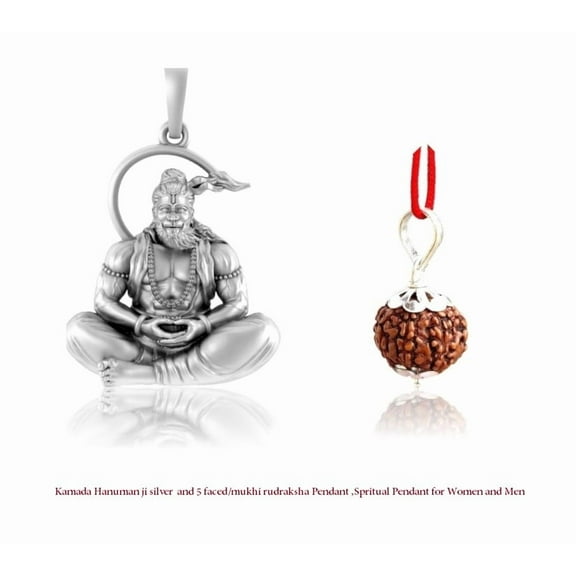 Kamada Hanuman ji silver and 5 faced/mukhi rudraksha Pendant ,Spritual Pendant for Women and Men