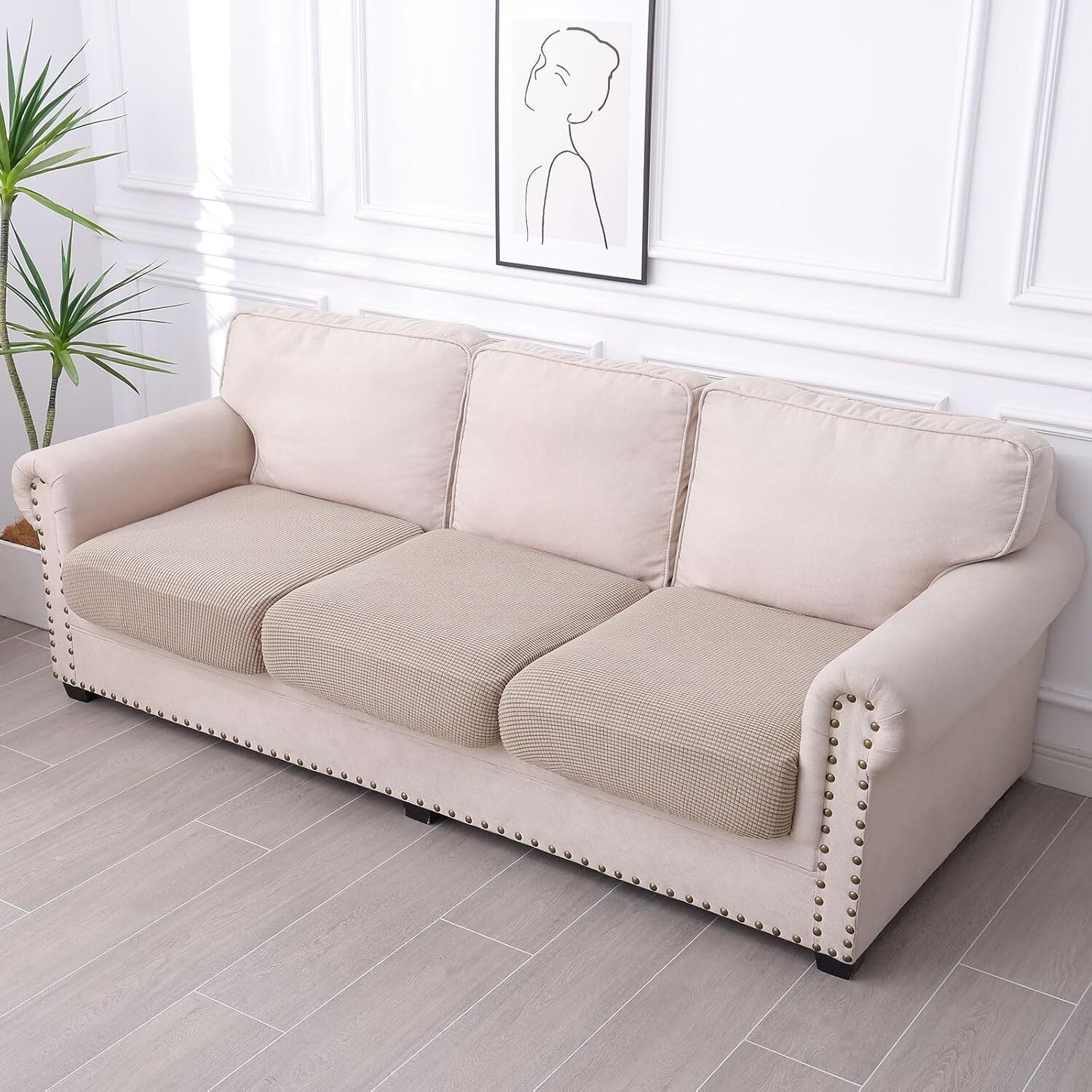GoXteam Waterproof Couch Cushion Covers, Magic Sofa Covers Washable, Stretch Sofa Seat Cushion Slipcovers, Waterproof Couch Covers for Sofa Pets (3Pieces, Khaki)