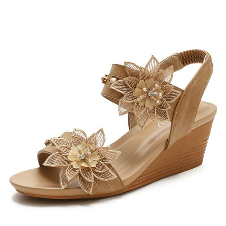 

Wedge Sandals for Womens Peep Toe Bohemia Summer Slingback Sandal Vintage Flower Rhinestone Ankle Strap Roman Shoes
