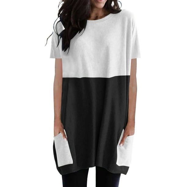 Gibobby Blusas Para Mujer Elegantes Blusa holgada de cuello redondo con bloqueo de color informal de verano para mujer, blusa de manga corta con bolsillos(Negro, M)